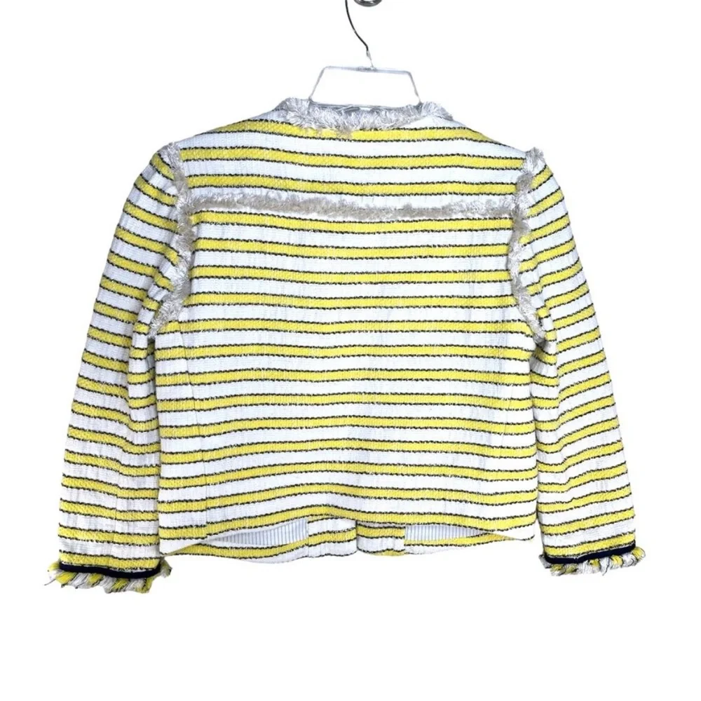 Veronica Beard Talie Tweed Blazer Yellow White Striped Frayed Trim Size 0 - Picture 7 of 12